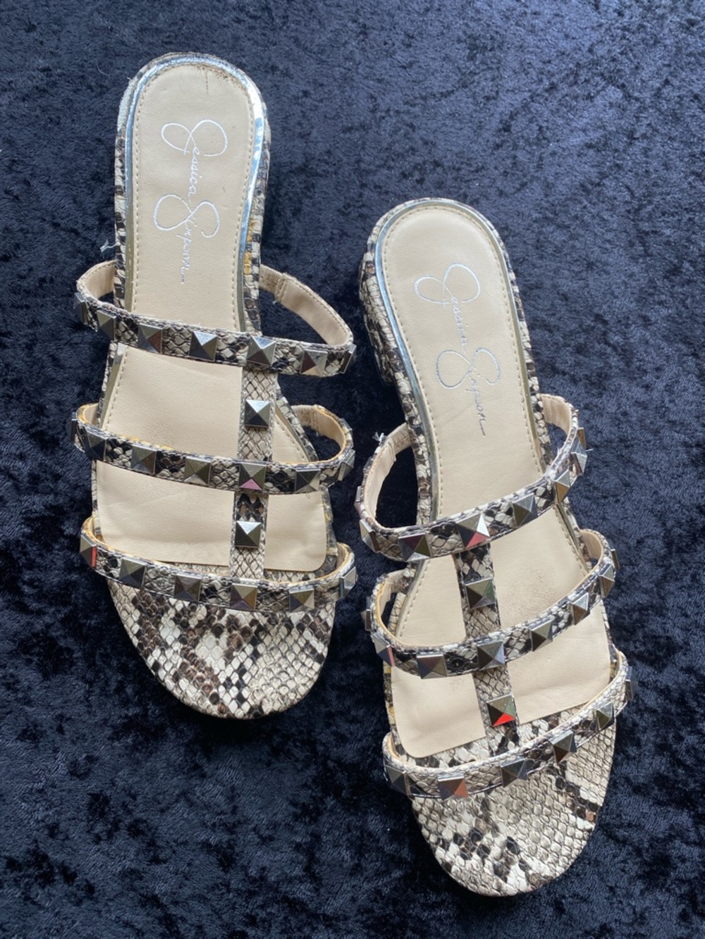 Jessica Simpson Taupe Snake-Print Studded Slide Sandals